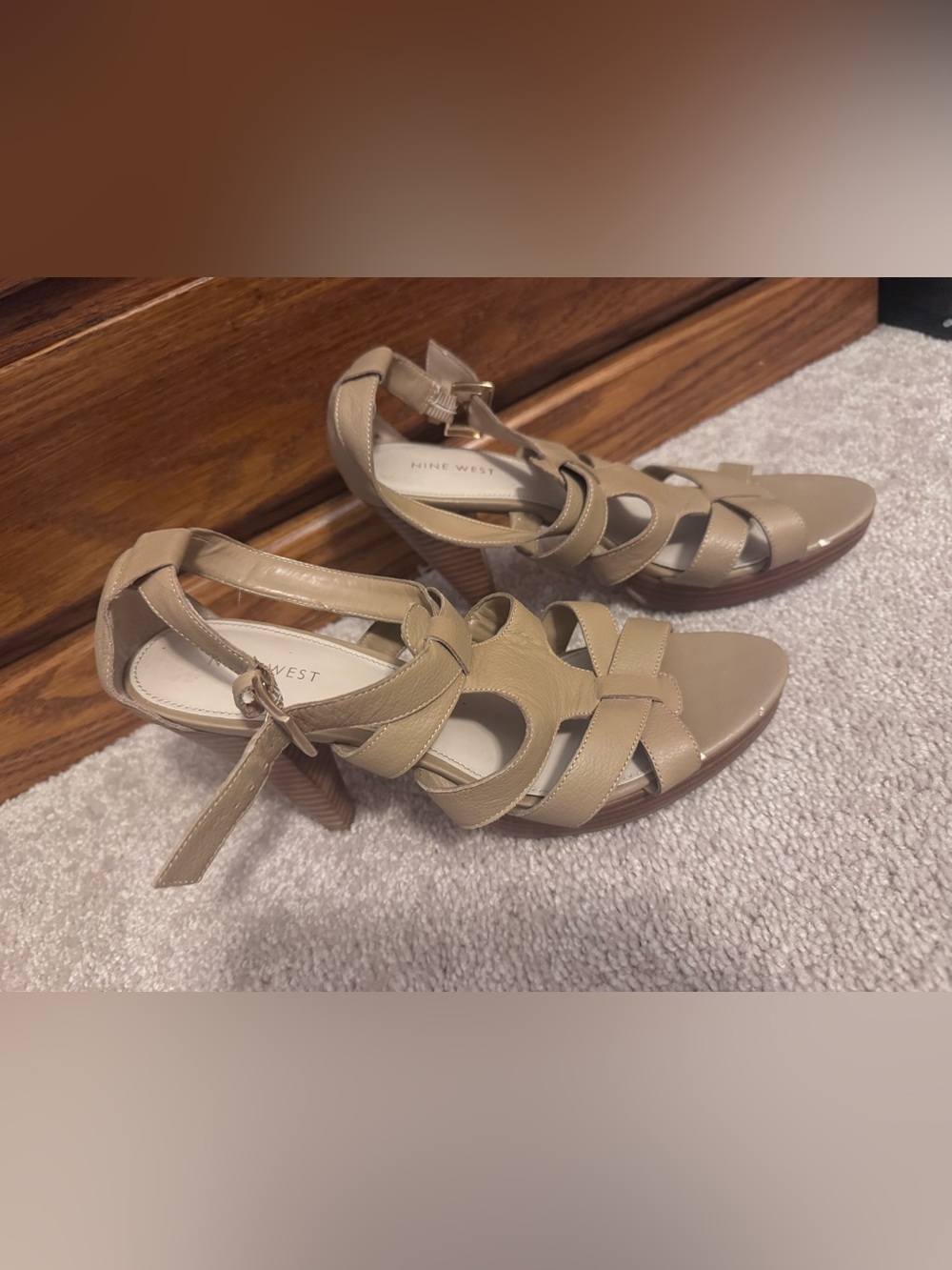 Nine West Tan Leather Strappy Block Heel Sandals